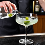 An elegant close-up of a home bartender's hands meticulously stirring a Classic Martini in a heavy mixing glass filled with large, clear ice cubes, using a long, spiraled bar spoon. Bottles of premium Gin and Dry Vermouth are softly blurred in the background. A chilled Martini glass and a julep strainer rest on a polished bar surface, with refined lighting emphasizing the clarity of the liquid and the professional tools. Focus on precision and sophistication.