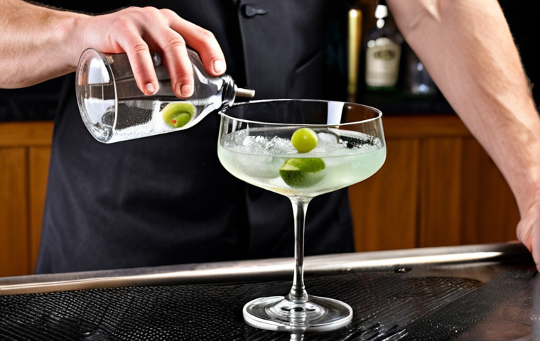 An elegant close-up of a home bartender's hands meticulously stirring a Classic Martini in a heavy mixing glass filled with large, clear ice cubes, using a long, spiraled bar spoon. Bottles of premium Gin and Dry Vermouth are softly blurred in the background. A chilled Martini glass and a julep strainer rest on a polished bar surface, with refined lighting emphasizing the clarity of the liquid and the professional tools. Focus on precision and sophistication.