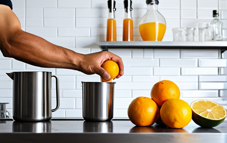 A focused young home bartender, a person with subtle Southeast Asian features, meticulously measuring ingredients with a jigger at a clean, well-lit modern kitchen counter. Various professional bartending tools like a shaker, muddler, and basic spirit bottles are neatly arranged. Fresh citrus fruits are visible beside a glass. The setting is inviting and organized, conveying a sense of learning and precision. fully clothed, modest clothing, appropriate attire, professional dress, safe for work, appropriate content, perfect anatomy, correct proportions, natural pose, well-formed hands, proper finger count, natural body proportions, professional photography, high quality, family-friendly.